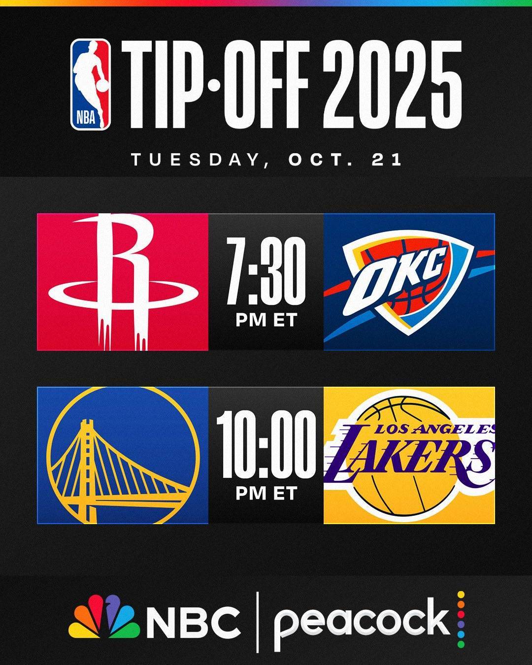 NBA官宣新赛季揭幕战：火箭VS雷霆 勇士VS湖人